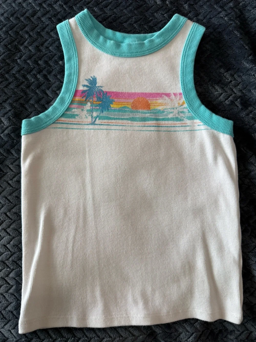 Art Class Girl’s Tropical White Tank with Teal Ribbed Trim